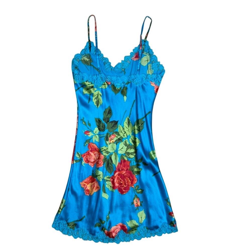 Badgley Mischka Vintage Y2K Blue Floral Lace 100% Silk Chemise Nightgown Small